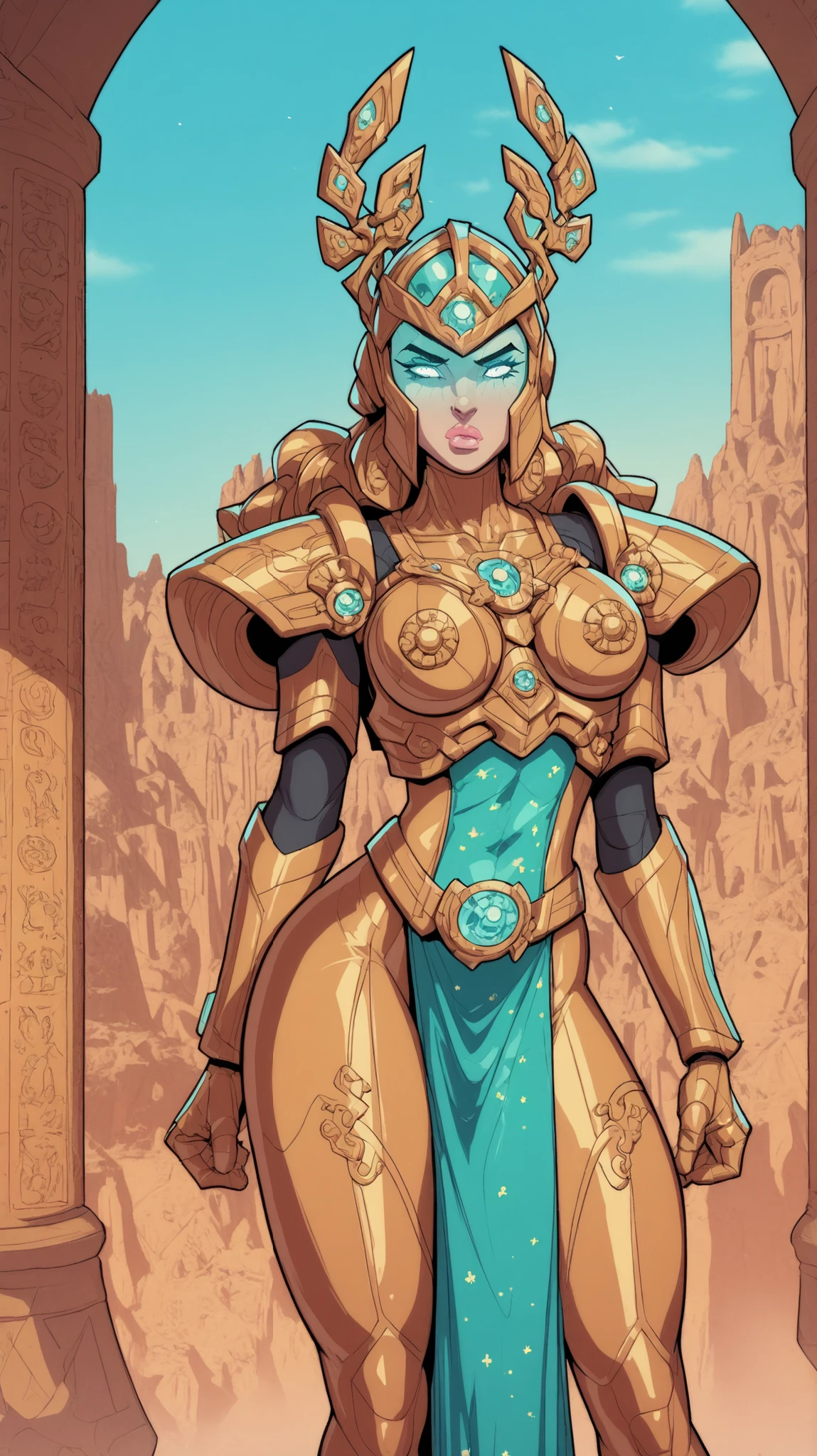 A powerful futuristic goddess-like nanotech armor called "Neomaya", standing 6.7 feet tall in a dramatic 9:16 vertical sci-fi frame. The armor has a sleek, feminine, and curvaceous design with glowing white-gold plating and intricate blue light accents. The figure has three mystical glowing eyes—one on the forehead—and triple breasts forming an chest armor. Her fully covered blue face helmet is calm, wise, and slightly seductive, with celestial markings and metallic features. The armor has subtle floating elements around her shoulders and hips, exuding divine energy. Background is a futuristic temple with glowing ancient circuitry etched into metallic pillars, softly illuminated with bluish-golden ambient light. High detail, cinematic lighting, comic book realism, and ethereal glow effects. Cyber-divine fusion aesthetics.