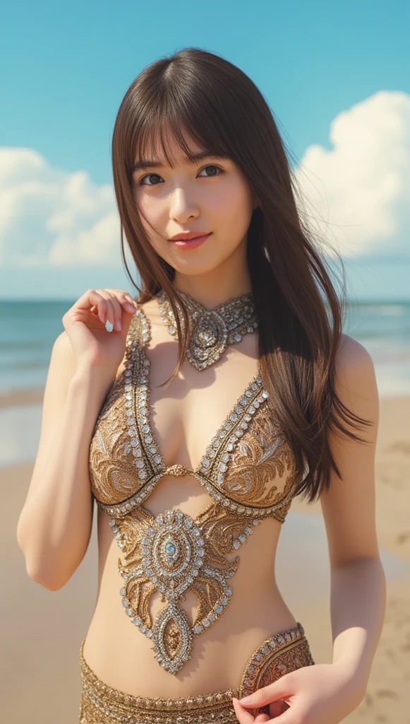 Ultra-detailed complex 3D rendering of faces、(​masterpiece、top-quality、octan render、)、Glamour shot full body image、Very beautiful young elf、 cleavage of the breast、(highlydetailed skin:1.2)、(Pubic hair shows through:1.1)、(((White and gold micro bikini and jewelry:1.95))))。、８K、((Very soft breasts))、((noticeable large pink areola))、((large full breasts:１.4))、Beautiful Caucasian woman with big buttocks full soft breasts and white skin、1 persons、Long braided hair、large full breasts、dynamic ungle,((Jewel Magic Wand)) 、hyper realistic photography、(((Black hair)))、（futuristic city backdrop）、face muscles、(((Detailed and ornate diamond crown))))、In the style of Marvel Comics、 ArtStation Trends, Clear focus, intricate detailes, ighly detailed, Detailed green eyes, foco nítido, a digital rendering, proffesional、abdominals、glowy skin、sexypose、（Golden tattoos all over the body）、Golden lame skin、Mansuji、s ass、（Jewel the whole body）、It has silver scales）、a blond、Seductive look、Detailed and beautiful white teeth、Armpit、both sides