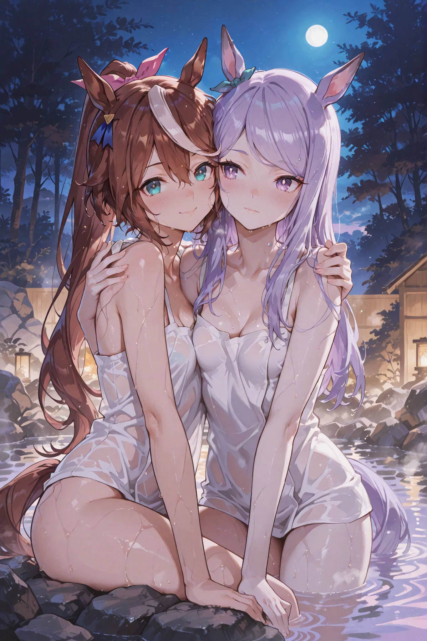 masterpiece, high resolution, high quality, open-air bath, night, 2 girls, (bath towel, red hair ornament, big, cat ears, floral, yellow eyes, gray hair, twin tails), (bath towel, purple hair ornament, big, floral pattern, red eyes, black hair, ponytail), NSFW, seduction, kissing