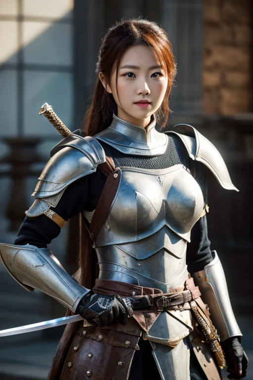 Close-up photo of a beautiful Korean woman, Bust size 34 inches, Wearing the armor of a crusader, Standing holding a spear at the castle window, UHD