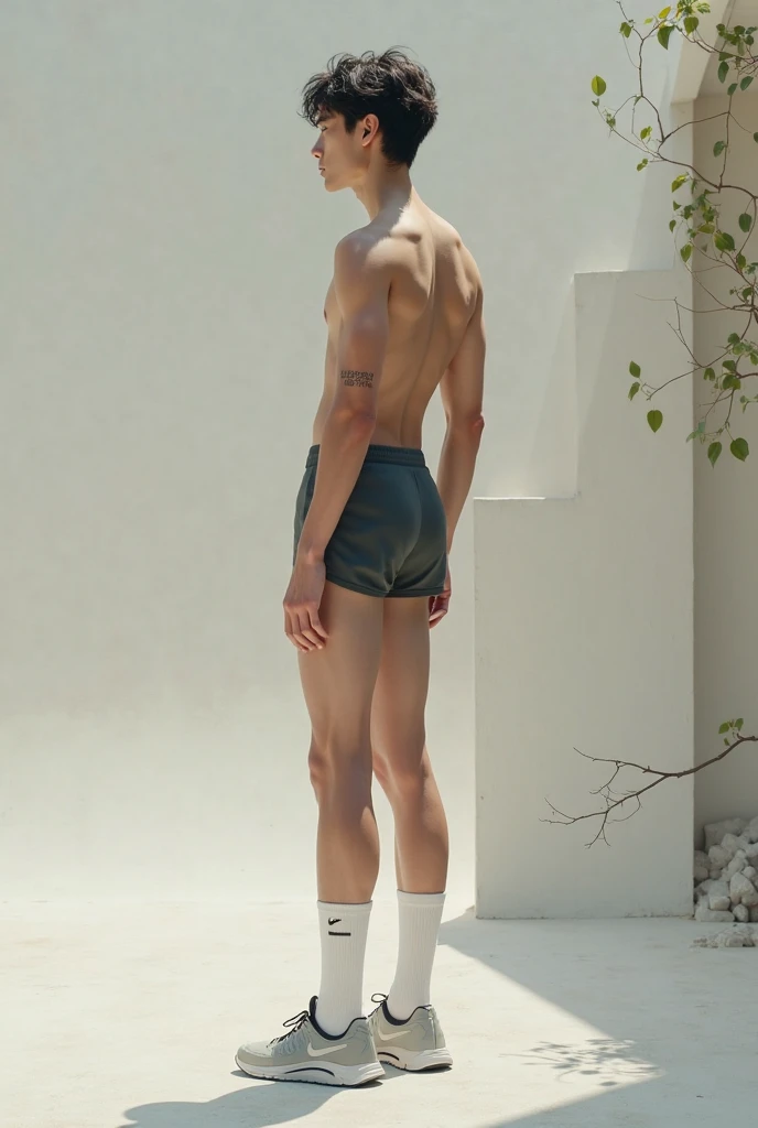 --v 5.1 Studio photo Skinny Russian guy 26 years old in thong shorts. Short haircut on his head