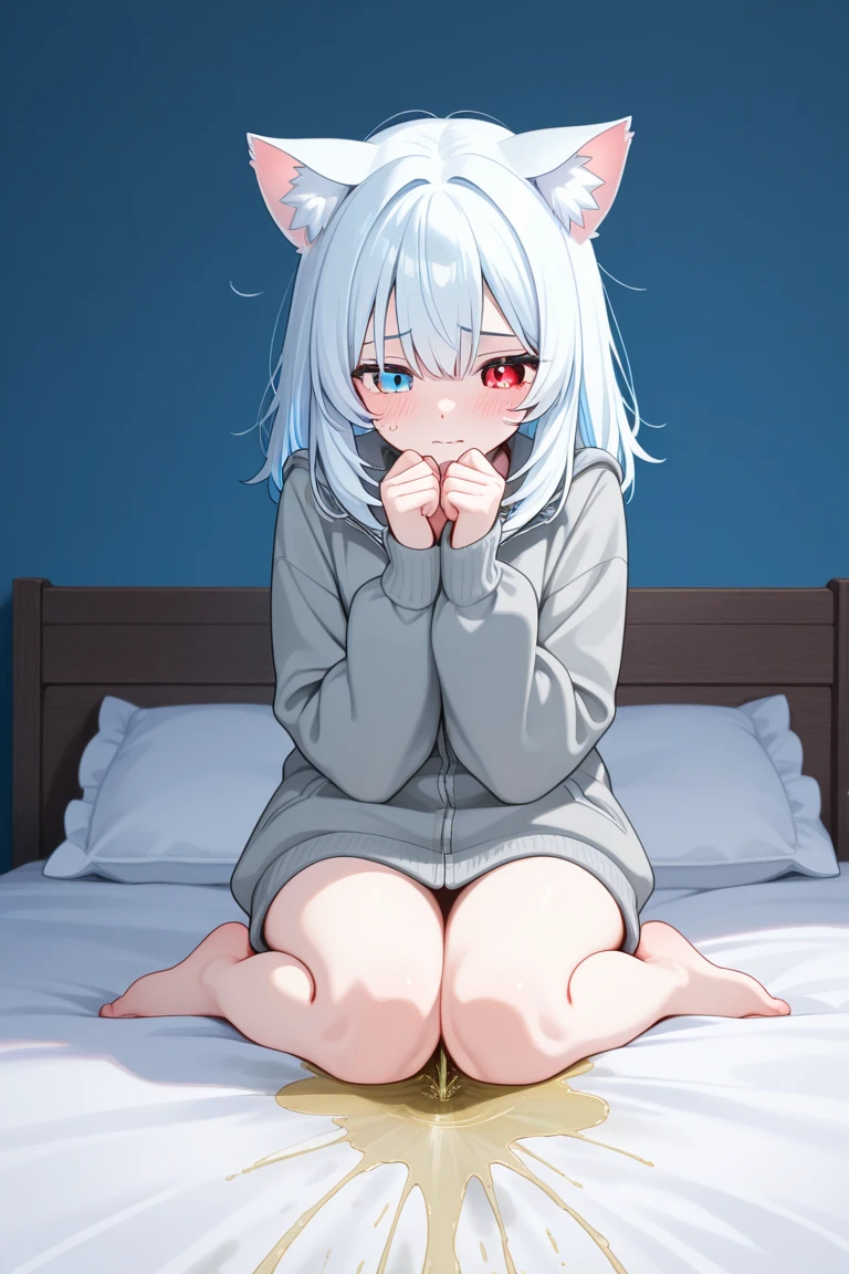 1 girl, wearing white sleeveless sweater, no pants nude, white hair with accessories, cat ears, (bangs covering right eye:1.5), blue eyes, in the bedroom, (detailed), ((best quality)), (female masturbation:1.5)