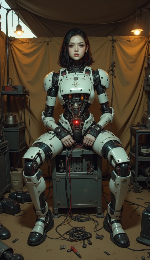 (((Masterpiece)))), (((highest quality)))), ((Ultra Definition)), (Very Detailed Photoreality), ((Very Delicate and Beautiful)), (Delicate and Pretty Face), Cinematic Light, (((1 Girl)), Solo, Full Body, Big, Cleavage Is Visible Skin, White Hair, Purple Eyes, Glowing Eyes, Thighs Exposed Skin, (Mechanical Joints: 1.4), (Mechanical Limbs)), ( blood vessels connected to tubes), (((mechanical vertebrae attached to the back)), ((cervical vertebrae of the machine) attached to the neck)), ((sitting)), expressionless, (wires and cables attached to the head and body: 1.5), (character focus), small LED lamps on the body, Ghost in the Shell, sci-fi, metal, metallic body, detailed neon, hydraulic cylinder