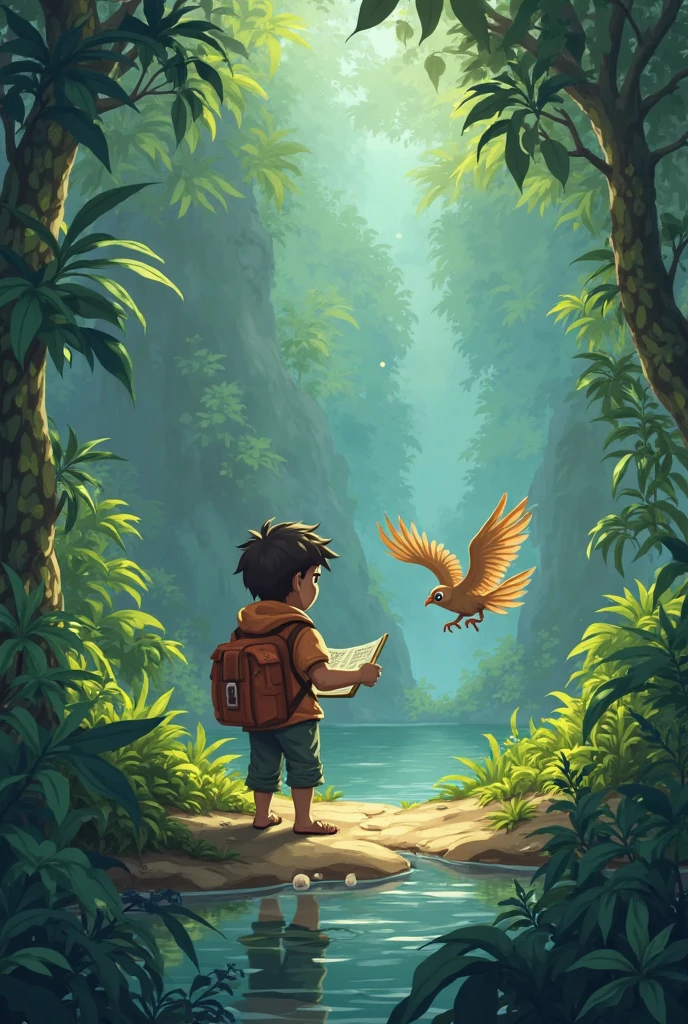 masterpiece, 4K, Clear focus, best quality,Wide-angle lens. Let's imagine,A book cover conveys a sense of nostalgia and storytelling. The title of this book is " Penamoria". It's a book about creativity, One boy's unique journey to become a musician and storyteller. On the go,He found a magical feather and a fantastic bird. Simplicity, Modern, The dreamy logo at the bottom of the book cover