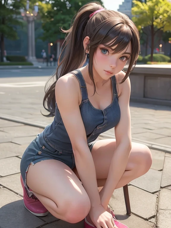 high-definition image, eyes realistic sizing, realistic skin, drooping eyes, smiling, (various patterned feminine casual dress), (crouching, highly detailed realistic texture panties), strong sunlight, braid, (old fashion), skyscrapers, arch hip,