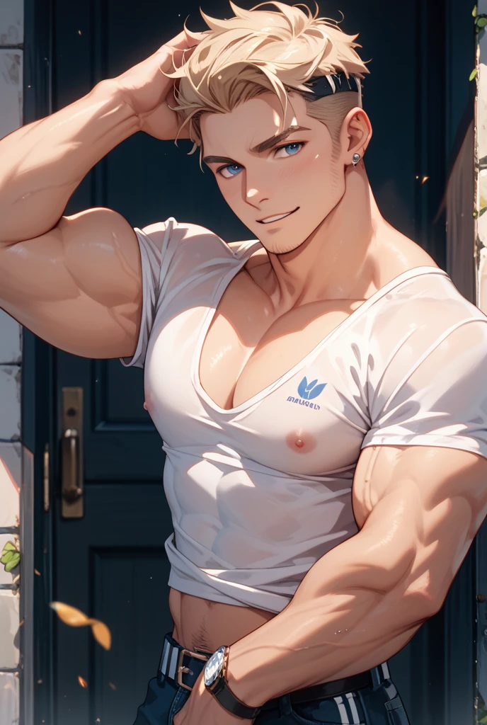 ((the best quality)), ((Masterpiece)), (details), perfect face, high definition, Masterpiece,4k,details clearly, Handsome face, white skin, perfect body, male body, strong muscles, abdomen, blue eyes, white skin, The most handsome man in the world, handsome, The coolest face, Male characters, close image (1man, shirtless), young man, mischievous smile, Extremely muscular tall man, open your eyes ((detailed eyes)), huge, muscular body and Massive, bulging pecs, muscular abs, narrow waist, short hair, blue eyes, delicate big eyes, carefree expression, clear face, handsome (detailed face, perfect face) ((extremely realistic shadows, bodybuilding posture, human, ((22-year-old young man)), V shape, athletic pants, athletic, Shirtless, Sunlight, Street, lower pants, topless, close up look, CG sense, Textured skin, the best quality, Storytelling images, lower your pants, show Panty line, Show your abs, show arm muscle, white hair, shining blue eyes, eyes contact