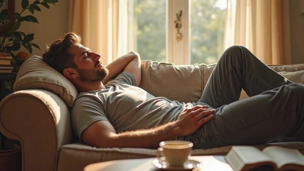 young man lying on sofa ,brown cargo shorts with pockets , wearing no shirt

