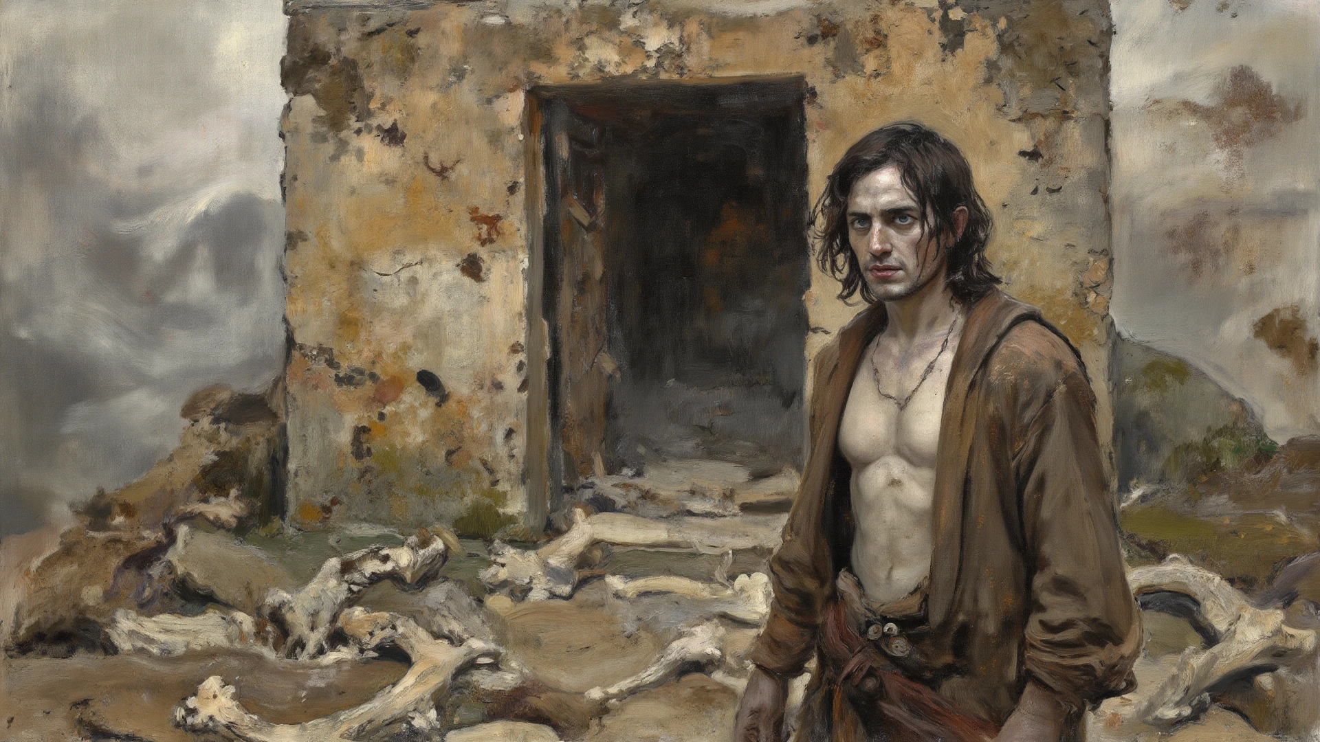 Saint Sebastian in chains, in a dungeon, body Pierced by arrows [(chains:0.33)], (Adolf Piot style)), The dark Renaissance, (fog, very scuffing), ((palette/oil painting palette knife)), ((masterpiece)), single shot, impression:1.2, extreme detail, perspective:1.33, 8k