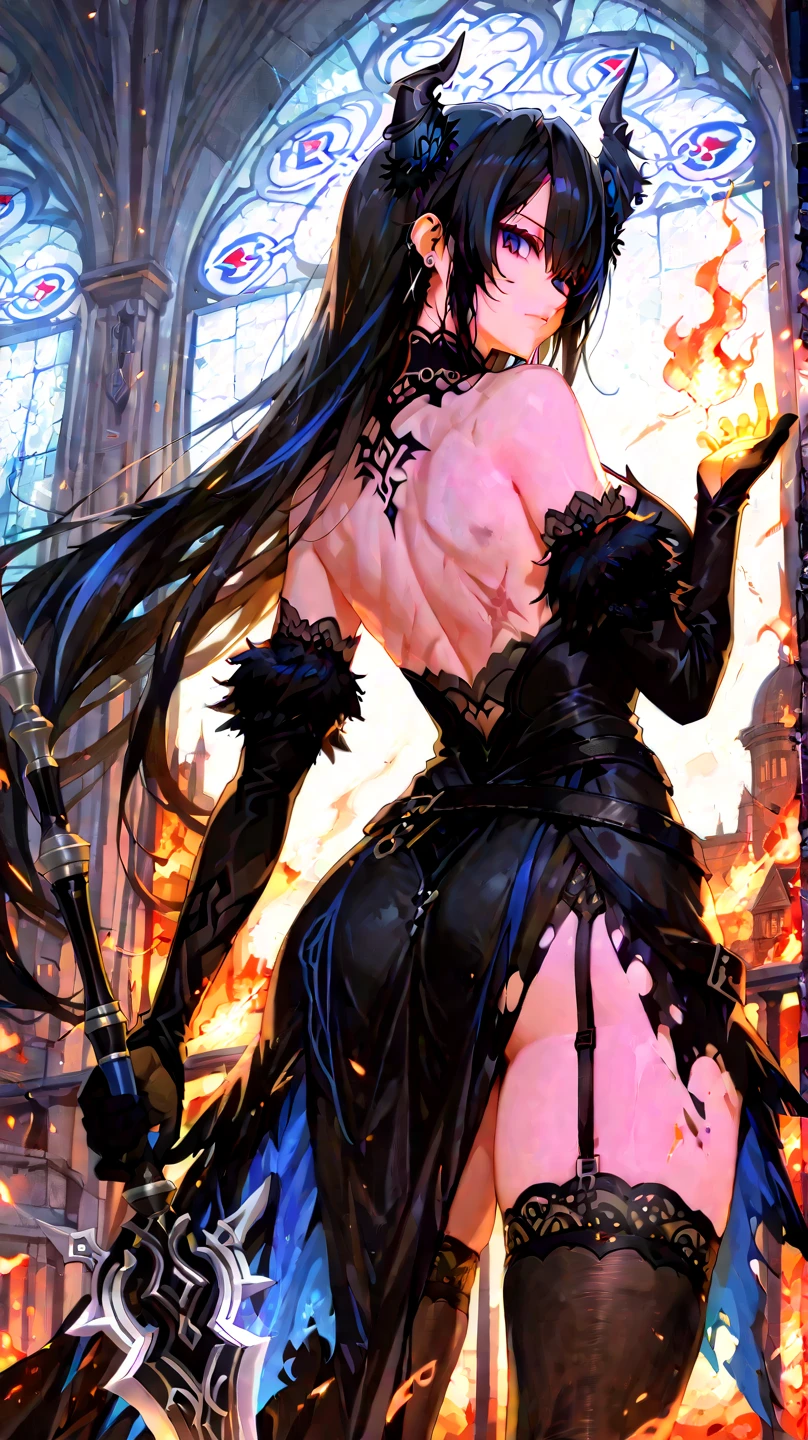 A long black-haired lady riding a sleek black horse，Long hair，Beautiful hair，Crystal clear，Highest quality，noble，Gallant。