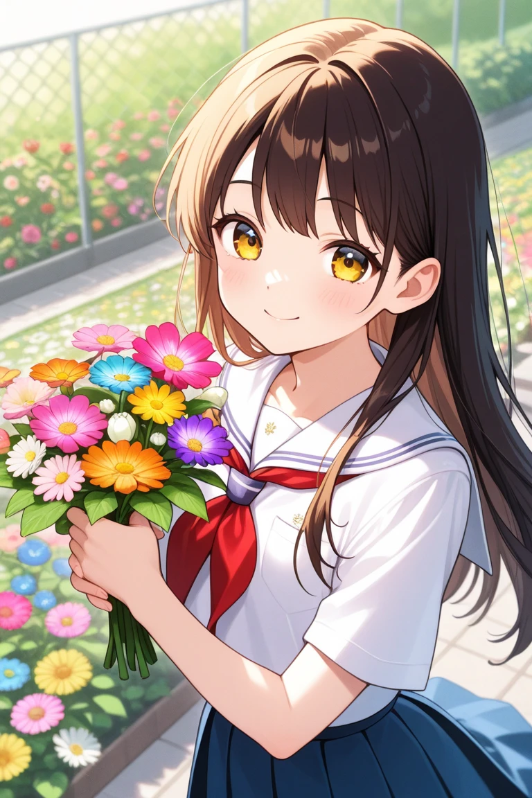 (masterpiece),himekawa yuki, long hair, brown hair, green eyes, 1girl, hair ornament, hairclip, bouquet, flower, confetti, baseball, solo, jewelry, dress