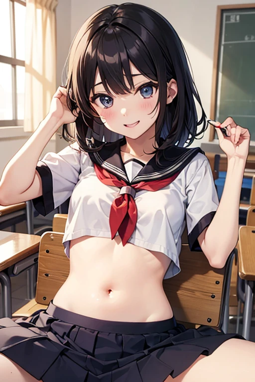 nsfw,alone, (One girl), Junior high school girl,single, , ((White panties)), (wearing only the top half of sailor school uniform), Sailor with un-folded hems, sexy, (Cowboy Shot), ((Put your arms behind your head)), classroom, With a girl:Her hair is long and black, Her face is round and cute, Black Hair, Low twin tails, (Are standing),(Shy, Embarrassing),