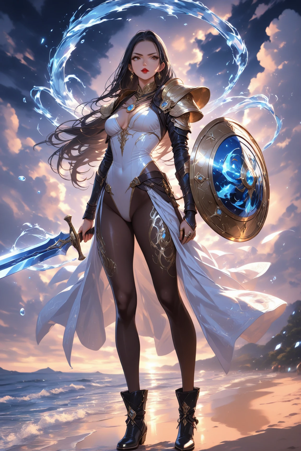 8K resolution, masterpiece, Highest quality, Award-winning works, unrealistic, From above, sole sexy lady, healthy shaped body, 22 years old, Knights of St. John, 165cm tall, huge firm bouncing busts,, black short hair, Detailed facial depictions, Break, Mysterious blue eyes, Standard nose, Eyeliner, pink lips, sexy long legs, Clear skin, holy knight, full body metal armor, A holy sword wrapped in flames, royal coat of arms, elegant, Very detailed, Delicate depiction of hair, miniature painting, Digital Painting, artステーション, コンセプトart, Smooth, Sharp focus, shape, artジャム、Greg Rutkowski、Alphonse Mucha、William Adolphe Bouguereau、art:Stephanie Law , Royal Jewel, nature, Symmetric, Greg Rutkowski, Charlie Bowwater, Unreal, Surreal, Dynamic Lighting, ファンタジーart, Complex colors, Colorful magic circle, flash, dynamic sexy poses, A kind smile, Mysterious Background, Aura, A gentle gaze, BREAK, Small faint lights and flying fireflies, night, lanthanum, 山の頂From above下界を見下ろす, Starry Sky, milky way, nebula, shooting star