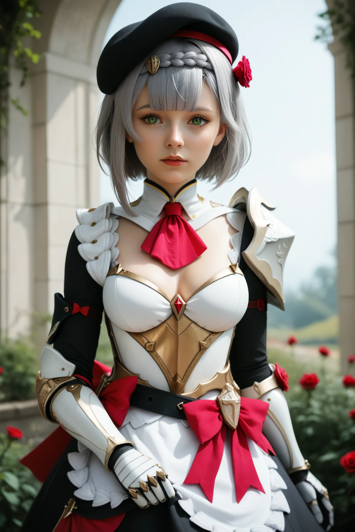 (masterpiece, best quality:1.2), solo, 1girl, signelphelt, smile, looking at viewer, hairband, veil, dress, gloves, earrings, spikes, four-leaf clover, rose, cleavge <lora:guiltygear_sign_elphelt:1.0>