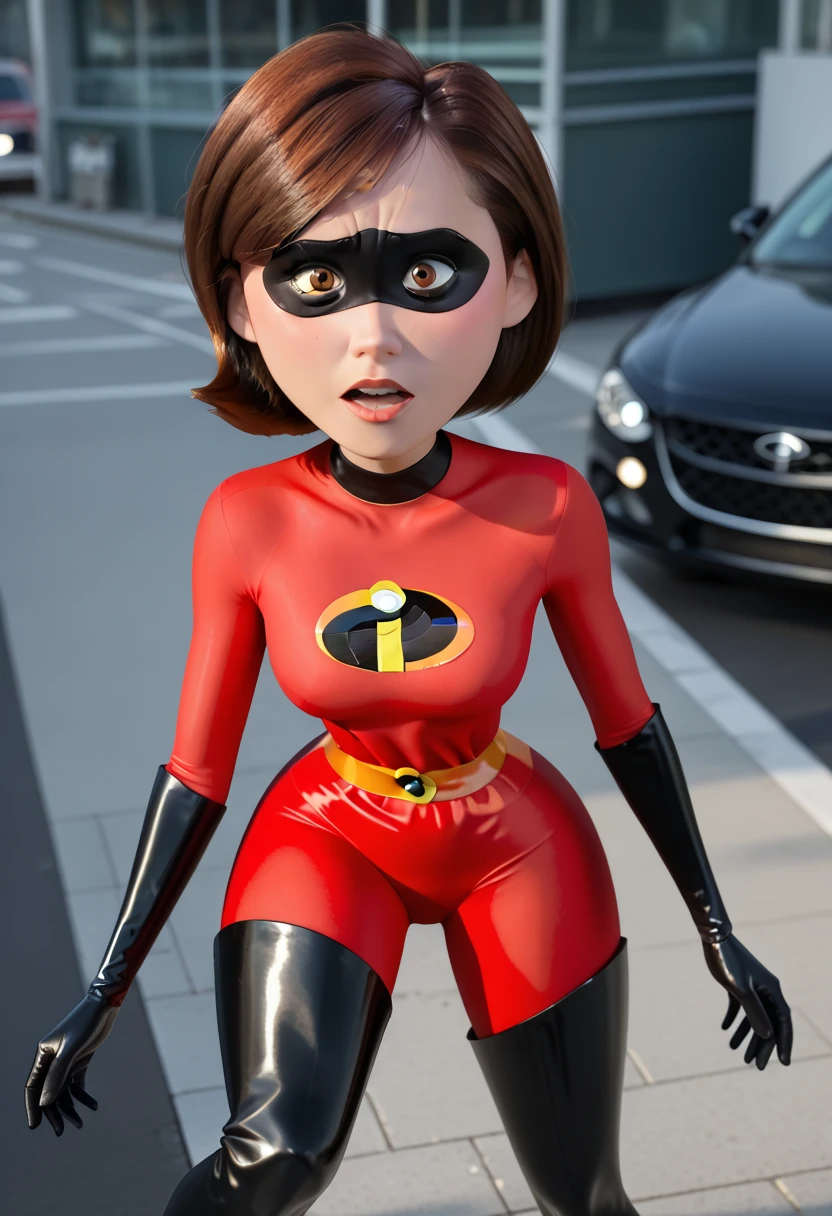 full body shot photo of a helenparr, <lora:helenV3:0.7>, 1girl, solo, short hair, brown hair, gloves, brown eyes, bodysuit, mask, superhero, domino mask, standing, hourglass figure, bokeh background, simple background, (highly detailed skin:1.0), (masterpiece:1.2) (photorealistic:1.2) (bokeh) (best quality) (intricate details) (8k) (HDR) (analog film) (canon d5) (cinematic lighting) (sharp focus),