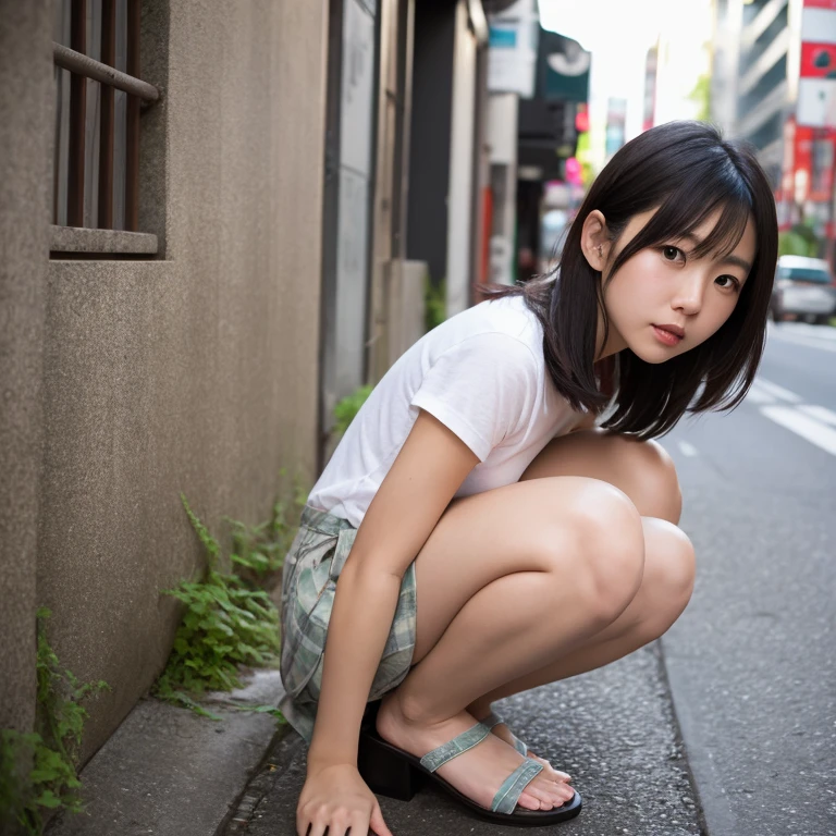Wolf cut hair, naked Japanese girl, crouching on seawall, blue sky, open legs widely, show cunt, pissing on small puddle