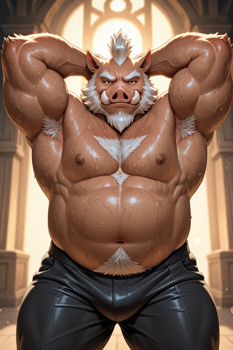 there is a pig that is standing on a rock with a hammer, anthropomorphic warrior piglet, muscular character, 3 d render stylized, most strongest pose, 3d model of a japanese mascot, 3 d render character art 8 k, 3 d character render, 3 d render official art, muscular characters, stylized 3d render