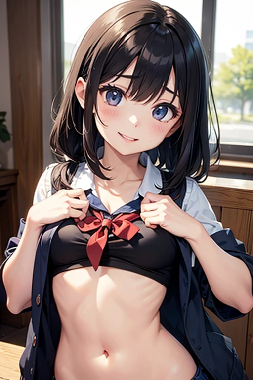 1 girl, smile, shirt, skirt, (small) chiralism, Japan high school school uniform, seravuk, summer clothes, squall-wet uniform, sheer bra, (portrait from knee up),