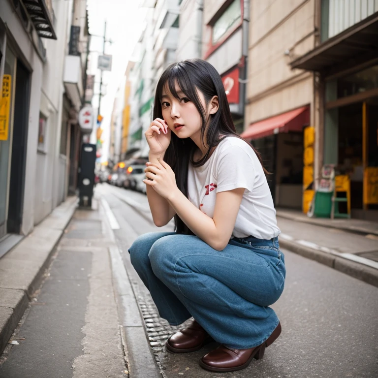 Sitting on the ground、Skinny Jeans、Open legs、crouching、beautiful detailed girls、bending her knees、巨作、HighestQuali、intensely detailed、White jeans、Inter-strands、hotpants、Lower body