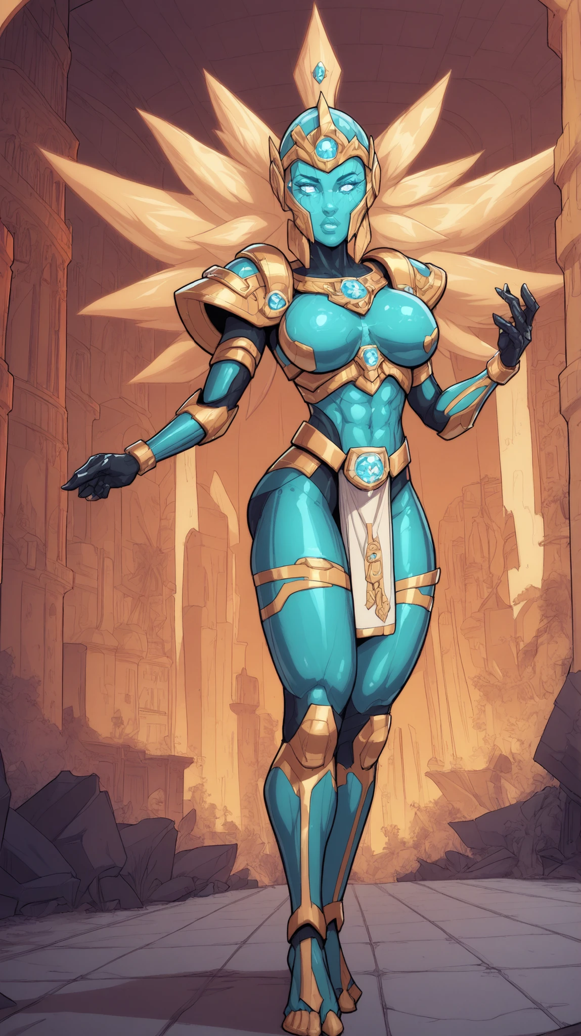 A powerful futuristic goddess-like nanotech armor called "Neomaya", standing 6.7 feet tall in a dramatic 9:16 vertical sci-fi frame. The armor has a sleek, feminine, and curvaceous design with glowing white-gold plating and intricate blue light accents. The figure has three mystical glowing eyes—one on the forehead—and triple breasts forming an chest armor. Her fully covered blue face helmet is calm, wise, and slightly seductive, with celestial markings and metallic features. The armor has subtle floating elements around her shoulders and hips, exuding divine energy. Background is a futuristic temple with glowing ancient circuitry etched into metallic pillars, softly illuminated with bluish-golden ambient light. High detail, cinematic lighting, comic book realism, and ethereal glow effects. Cyber-divine fusion aesthetics.