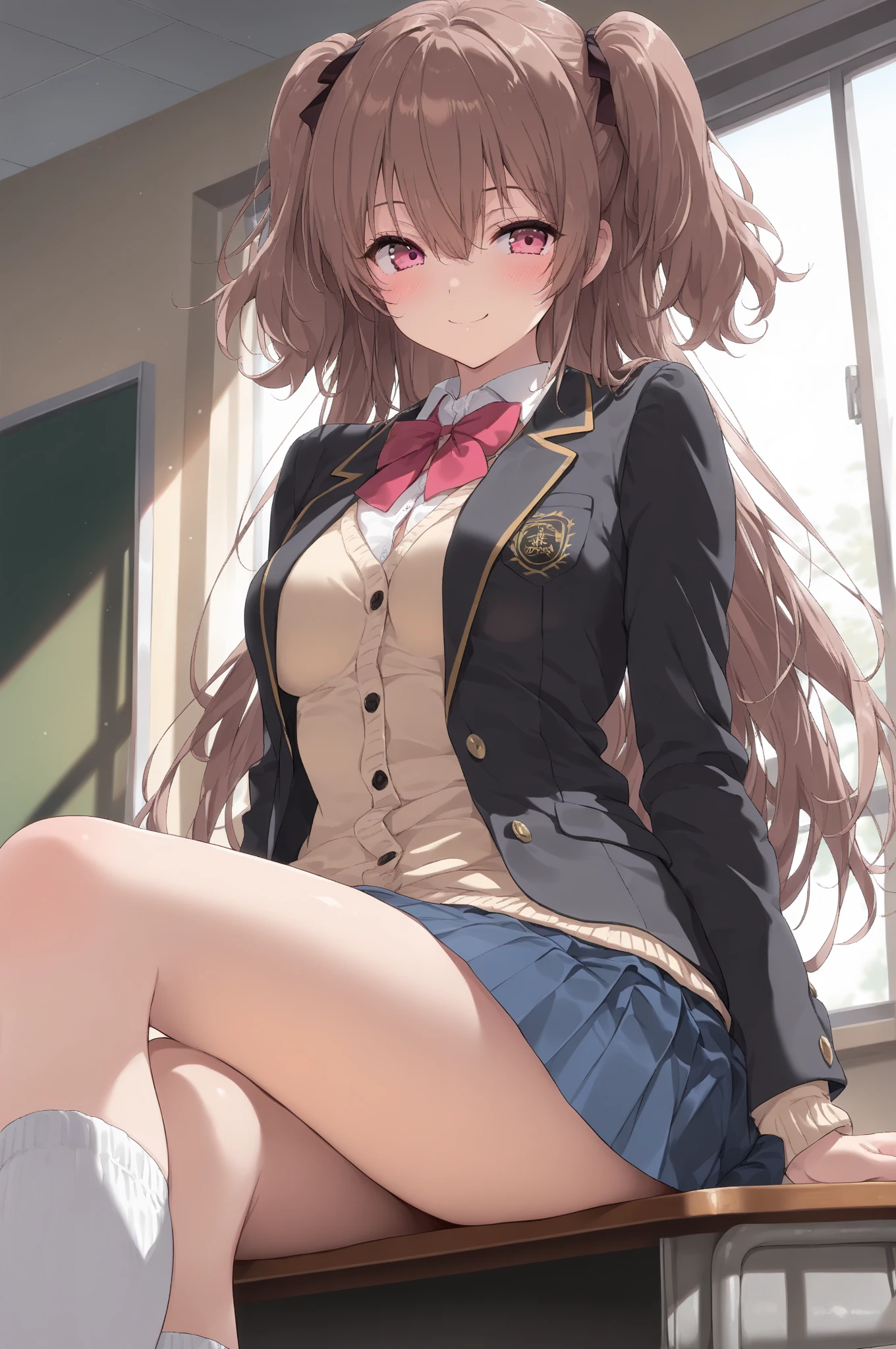 ((Tabletop, highest quality, High resolution, Perfect Pixel, Depth of written boundary, 4K))), One Girl, single, alone, Beautiful Anime Girls, Beautiful art style, Anime characters, ((Long Hair, bangs, Dark brown hair, Curly Hair:0.8)), ((Green Eyes:1.4, Fine grain, Beautiful Eyes, Perfect Eyes,Curled eyelashes, Realistic eyes)), ((Detailed face, Blushing:1.2)), ((Smooth texture:0.75, Realistic texture:0.5, Anime CG Style)), Huge breasts that look like they might explode, Dynamic Angle, Big Breasts, Perfect body, Dynamic pose, ((Red bow tie, , Black jacket, Open jacket, Brown cardigan, White shirt, Black Skirt, Checked skirt)), smile, Open your mouth, Put your arms behind your back, Leaning forward, Amalment Park