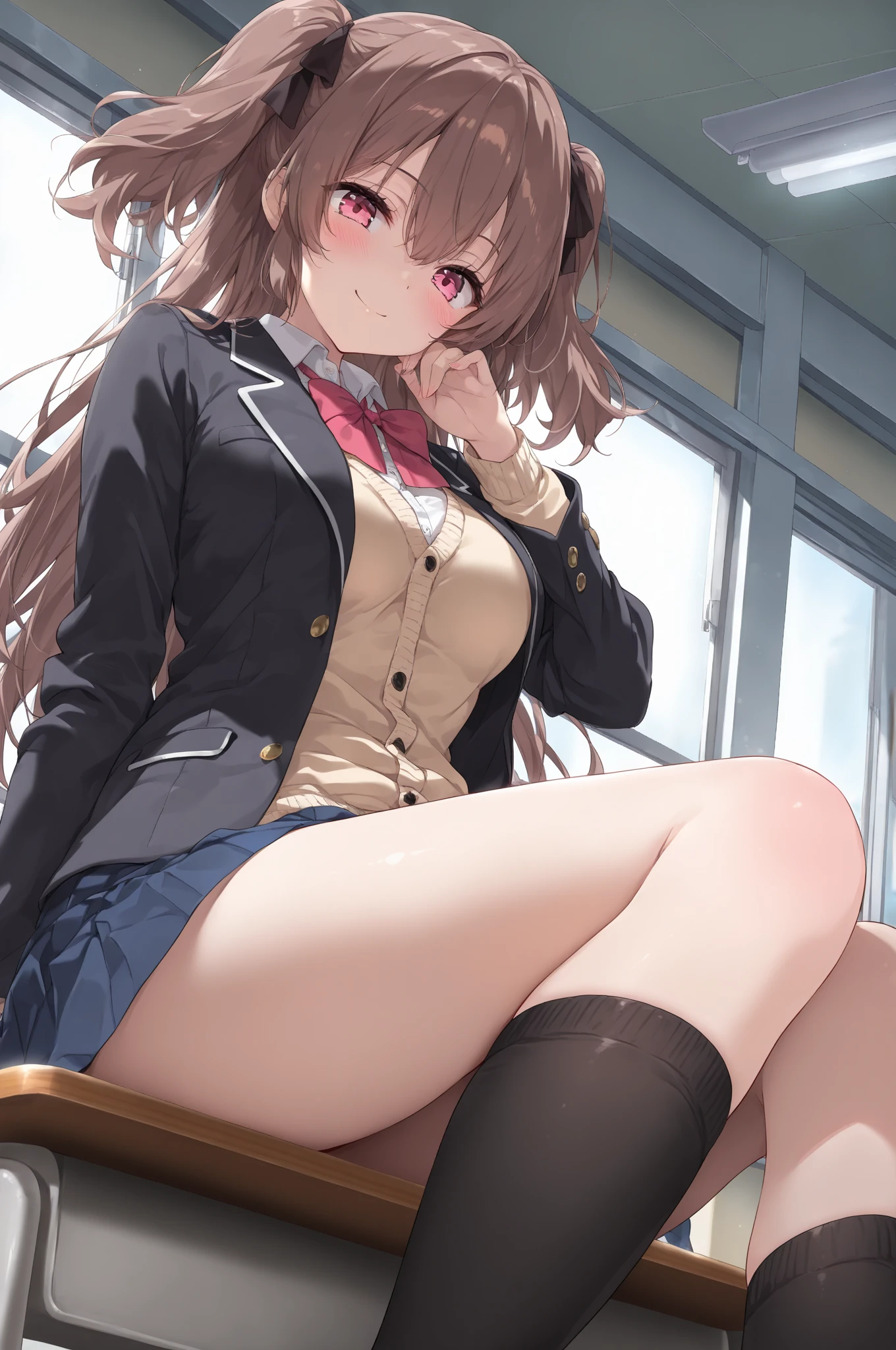 ((masterpiece, highest quality, High resolution, 超High resolution, pixel perfect, Depth of the bounds written, 4k, RTX, human development report))), 1 girl, single, alone, beauty、see the whole body、 ((long hair, short riuhai, reddish brown hair)), ((blue eyes, beautiful eyelashes, realistic eyes)), ((detailed face, blush:1.2)), ((smooth texture:0.75, lively texture:0.65, lively:1.1, Anime CG style)), medium breasts, perfect body,  smile, attractive way to sit, brew tea in a teapot, (The wind blows hair，bare shoulders、expose her breasts、black tights) , It snows heavily at night、(((show panty:1.3)))、M open legs:1.4 Finest, masterpiece, High resolution, (Full body diagram from head to toe), front, Composition from slightly below the front, symmetry, 18 year old tall girl, alone, (whole body from head to toe), (small breasts), Unkempt brown hair, bangs, (black tights), (black pantyhose),(white luxury lingerie), (sit with legs spread), (squatting pose), (Composition showing white panties), (her legs spread、I can see white panties.), (I was made to sit on the floor with my legs apart..), (M-shaped spread legs), thin legs, A very beautiful and tall 18 year old girl, (not wearing shoes), blush, shy big eyes, looking at camera, (((blazer uniform, plaid pleated skirt)))