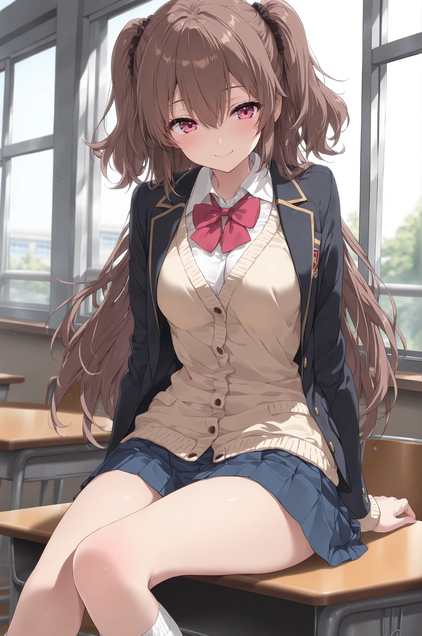 "ultra-detailed, (8k, RAW photography, best quality, masterpiece:1.2), incredibly detailed 8k wallpaper, professional lighting, sharp focus, intricately drawn depth, caution when browsing, clear eyes, flawless anatomy, a girl, 12 years old, high ponytail, smiling, ample bosom, blazer, school, micro mini skirt, close-up of face, hair accessories, an imminent kiss, plump thighs, lying on back, legs apart, white lace panties"