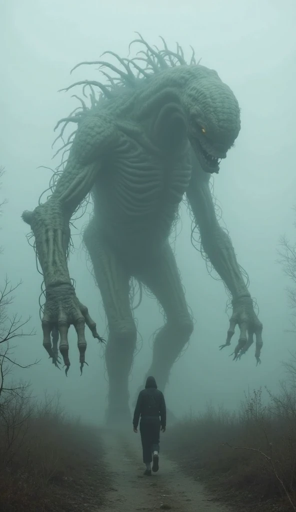 a colossal monster on the horizon of a sad landscape that has a road, horror movies, horor, analog camera textures, lovecraft, horor cósmico