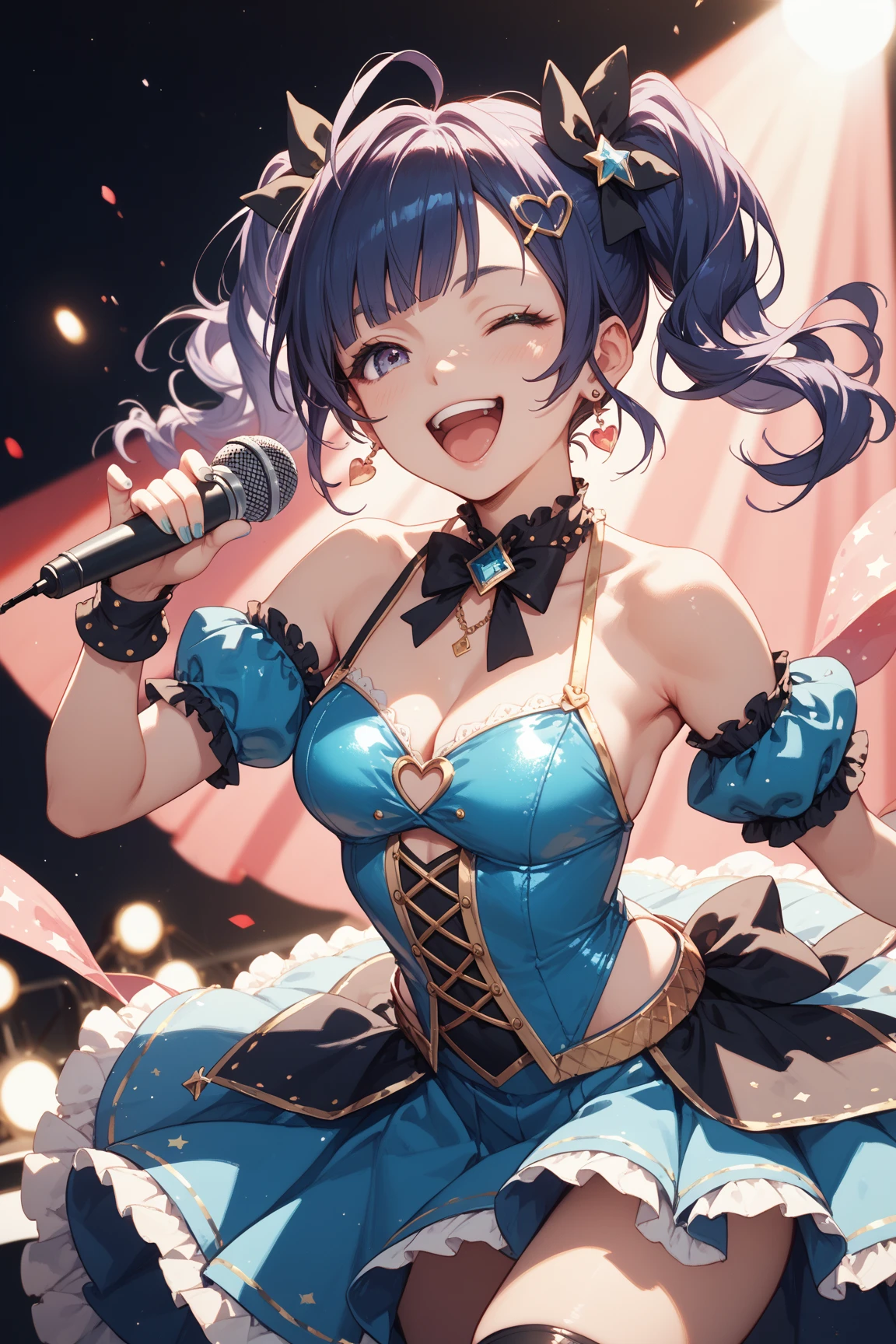 idol dancing in front of a microphone, ((1girls:1.3)), ((moe style:1.3)), ((idol outfit:1.3)), microphone, dancing, ((large breasts:1.3)), ((centerfold:1.3)), ((extremely feminine:1.3)), perfect hands, ((perfect face)), ((extremely cute:1.3)), ((masterpiece)), ((8k)), ((best quality)), ((beautiful)), ((extremely detailed:1.3)) , ((absurdres)), AddXL, ((score_9:1.3)), ((score_8_up:1.3)), ((score_7_up:1.3)),