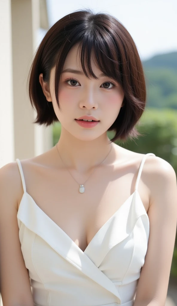((top-quality、8K、masterpiece: 1.erfect Body Beauty: 1.4、Slender Abs: 1.2、Beautiful woman with slender abs:1.3、(Highlight Haircutreast B Cup:1.2), medium breast, round shape breast, perfect shape breast, ((deep neck line )), necklace, hyperdetailed face、18year old、 Pretty women、(Dark brown short-cut hair), Slim Face、Highly detailed facial and skin texture、very detailed lips、opens legs、top-quality、masterpiece、超A high resolution、(Photorealsitic:1.4), walked forward confidently, long shot , (in park with blur background), bright background, sunset light,