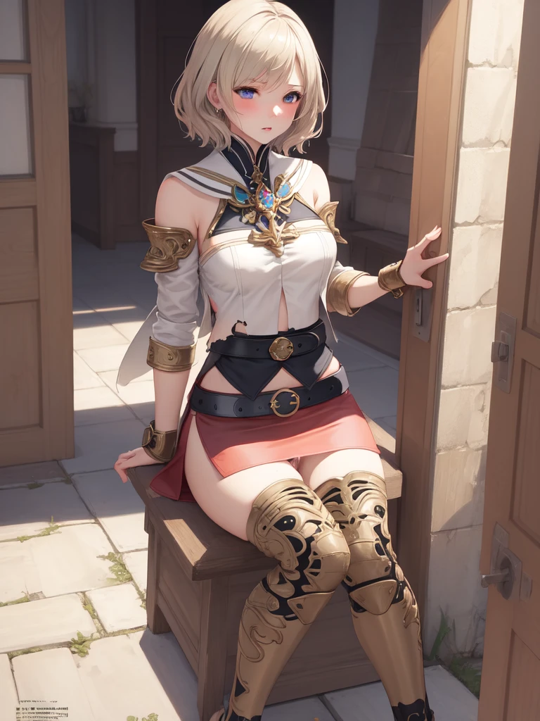 masterpiece, best quality, absurdres, perfect anatomy, 1girl, solo, Ashelia, short hair, AsheliaOutfit, miniskirt, thighhighs, jewelry, belt, standing, cowboy shot, smile, dynamic pose, dynamic angle, outdoors, plains, hills, (sitting, spreading legs by hands), spread crotch