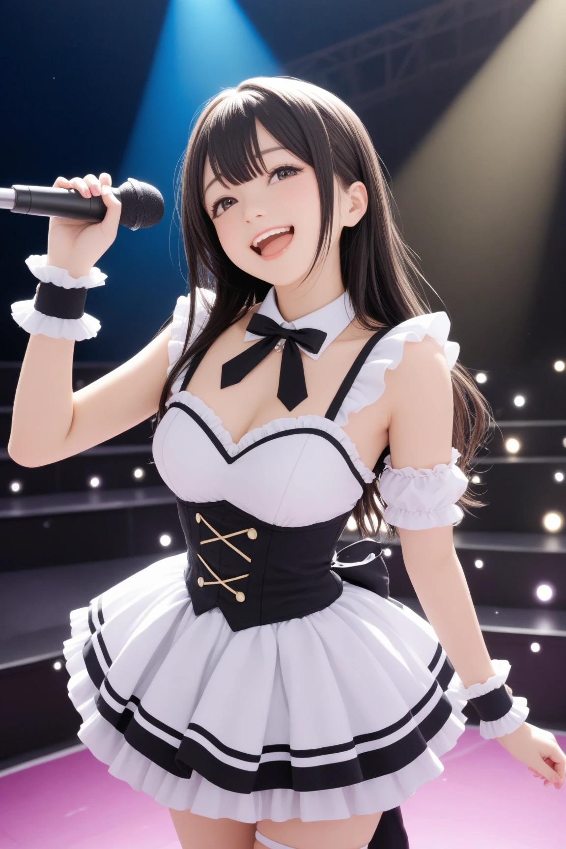 (NSFW), ((masterpiece)), ((highest quality)), (Super detailed), ((cute)), cute, (Lovely), ((sexy)), (ero), ((very detailed)), 4K, (8K), highest quality, (beautiful), anime style, hyper realistic, real, character focus, 1 girl, solo, cute girl, (idol costume:1.5), (looking from below:1.3), (hyper cute face), beautiful light brown hair, beautiful black eyes, ((beautiful eyes)), large breasts, embarrassing, blush,(concert hall:1.3), (pov, Microphone, spotlight, white panties, show off panties:1.2), shiny, shine,
