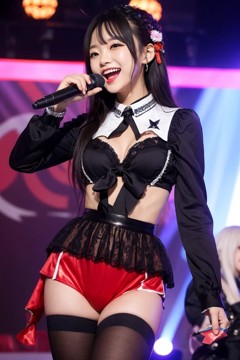 steampunc、Rock Fest、Live Stage、Versatile lighting、1womanl、(Super beautiful)、(ultra beautiful faces)、(A detailed face)、（Red and black mesh hair）、Korea person、Rock musician、spreads her legs、(Gothic fashion)、(Bright red enamel long coat with studs&White lace bra&White lace miniskirt:1.1)、(A small white T-back can be seen from under the skirt:1.2)、(Clear pubic contours)、（The pubic area is clearly visible）、Black enamel high heels、Blue eyes、red-lips、At SFW