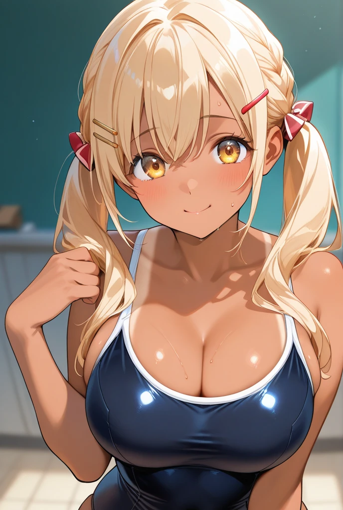 (Cute eyes:1.2), (Sparkling eyes:1.2), (8k、Best image quality、highest quality、masterpiece)、Detailed face、(((2 girls)))、Improve、((Brown Skin:1.3))、blonde、Low Ponytail、Scrunchie、Yellow Eyes、Earrings、Wicked Smile、((Grin)), (Skinny body:1.3), (Huge breasts:1.3), (Light blue striped micro bikini:1.2), (Symmetric docking:1.3), Classroom Background, (Black Stockings:1.2), (Thighs:1.2), (Waistline),(From above:1.2)、(((Samba Costume)))