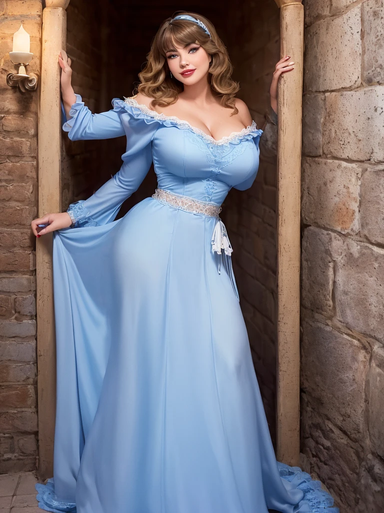 (((1 girl))) DisneyAurora, 27 years old, full body view Beautiful woman (((shoulder length wavy brunette hair, two side up with bangs))) defined body, voluptuous, sexy, Red lipstick, hands free, (((mouth slightly open, smiling))) (((standing facing camera))) ((( pale blue dress, long skirt))), in a marble grand hall (large_breasts:1.2) (curvy:1.1)(chubby:0.9)