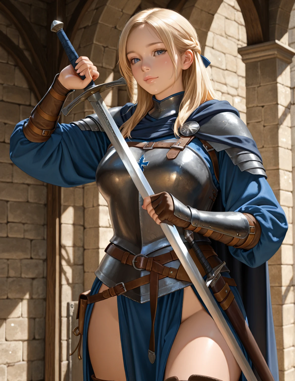 Masterpiece, best quality, 1 woman, wearing skimpy armor, half naked, hooded, sword and shield, 