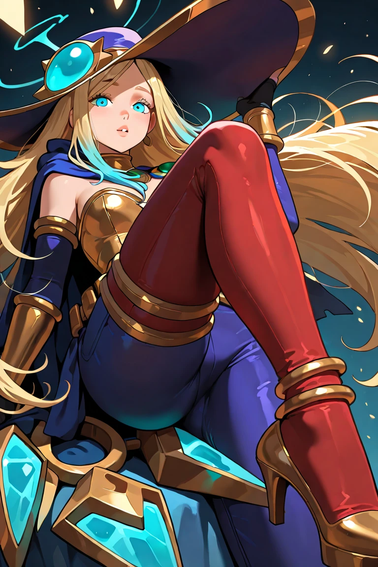 Masterpiece, Top Quality, Best Quality, High Resolution, Very Detailed, laying on back, flat, full body, Cagliostro, long hair, blond, hairband, crown, black thighhighs, navel, pussy_outline, nipple_outline, peace sign