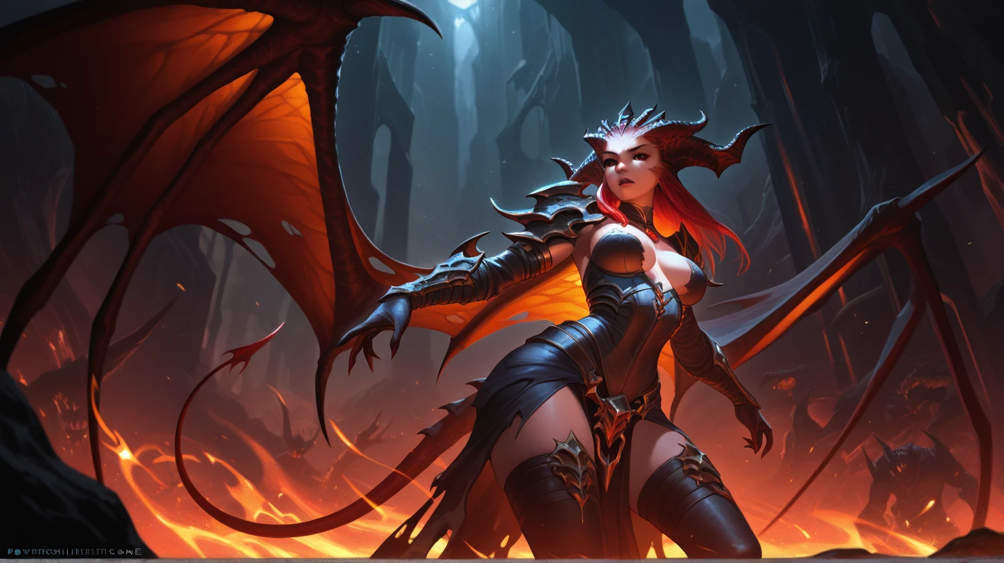 a Dragon、a female、Long face、Fantasy、Great Sword、Swing wide、Upper stance、Slash at the dragon、Bikini Armor、Red hair、sexly、muscular、Full body photography