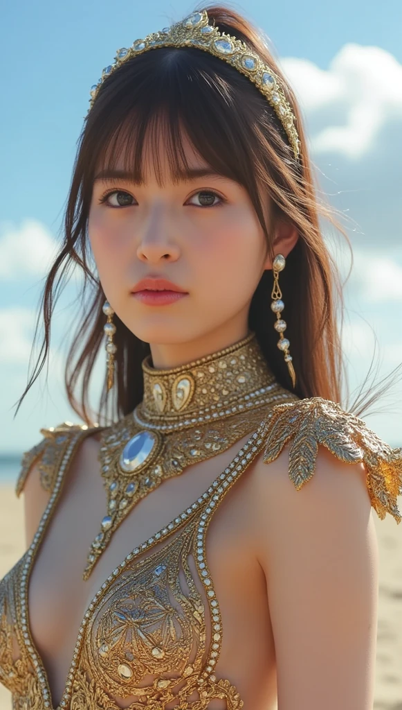 top-quality、masterpiece、超A high resolution、(White Dragon Armor)、(((Colossal tits))),(((Variety of hairstyles))、(((Take different poses))),(Wearing a beautiful crown made of jewels),(Photorealsitic:1.4)、Raw photo、女の子1人、Golden hair、glowy skin、(((Japan Dragon)))、(((Reveal micro bikini))),(Gorgeous Jewelry Necklaces)、(Mystical expression)、(Full Body Angle)、(Fight big dragons)、A dark-haired、poneyTail、(Detailed: White Metal Bikini)、(Detailed and beautiful flower garden)、Precipitous cliffs、(Western castle background)、((super realistic details))、portlate、globalillumination、(sexypose)、Shadow、octan render、(Random hair)、8K、Raw skin is exposed in cleavage、metals、Details of complex ornaments、Japan details、highly intricate detail、Realistic light、Blue eyes、radiant eyes、Facing the camera、Precipitous cliffs、Toostock、(Full Body Angle)、(veils)、(((Heavy Big))),(A person who sees with calm and goddess-like eyes)Happiness:1.2)、