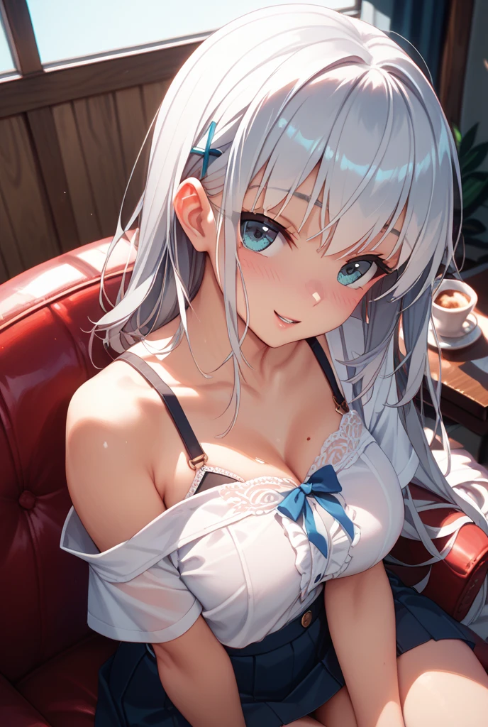 Woman, white hair, she's tied up in bed, tied, happy, in room, high details, 4K