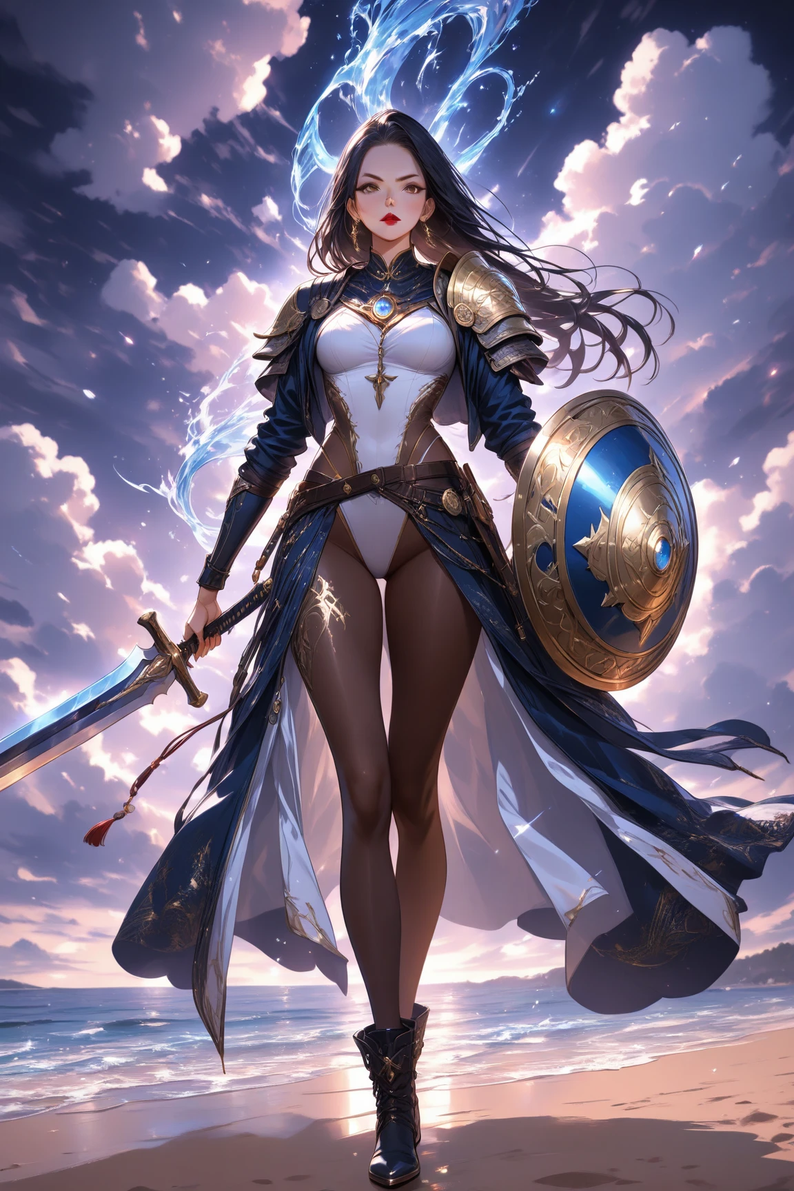 (The highest image quality),(very detailed descriptions),1 mature female,Big Holy Sword,Holy Knight Standing on a Beautiful Meadow,Scepter in hand,(full body red armor),(Very perfect body structure),(Highly detailed and perfect face depiction),(Highly detailed details of the face),Blue Starry Sky,(Very large moon close-up),Moonlight shines through the clouds,As estrelas(glitters),garments(bling bling), (The image is surrounded by a tarot card style border:1.5),(tmasterpiece),(Great results),(8k wallpaper),(best pictures),myth,Fantasy Theme,Ultra-realistic realism,realisticlying,Mature female holy knight in red armor,Beautiful holy armor,Golden decoration,