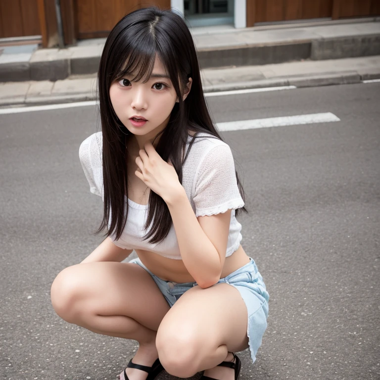 there is a woman kneeling on the ground with a bag, realistic anime 3 d style, the anime girl is crouching, anime girl in real life, artwork in the style of guweiz, realistic anime art style, guweiz, realistic anime artstyle, anime styled 3d, trending at cgstation, anime realism style, realistic young anime girl