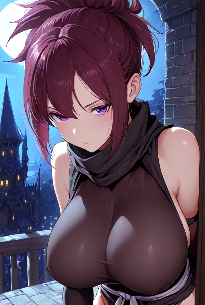 ((best quality)), ((masterpiece)), (detailed), Perfect face, girl, , Red hair, short hair，Brown skin，Yellow eyes,Fantasy style, Off-shoulder dress，Backless，Black tones，Elf ears，Delicate fingers，Huge Breasts
