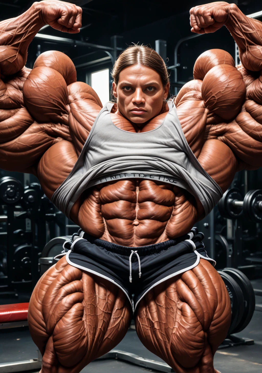 a muscular woman, detailed facial features, angry expression, clenched fists, veins popping, tensed muscles, intense workout, fitness studio, dramatic lighting, cinematic camera angle, (best quality,4k,8k,highres,masterpiece:1.2),ultra-detailed,(realistic,photorealistic,photo-realistic:1.37),cinematic,dramatic,hyper-detailed,unreal engine,octane render,hyper-realistic,extremely detailed muscles,extremely defined musculature