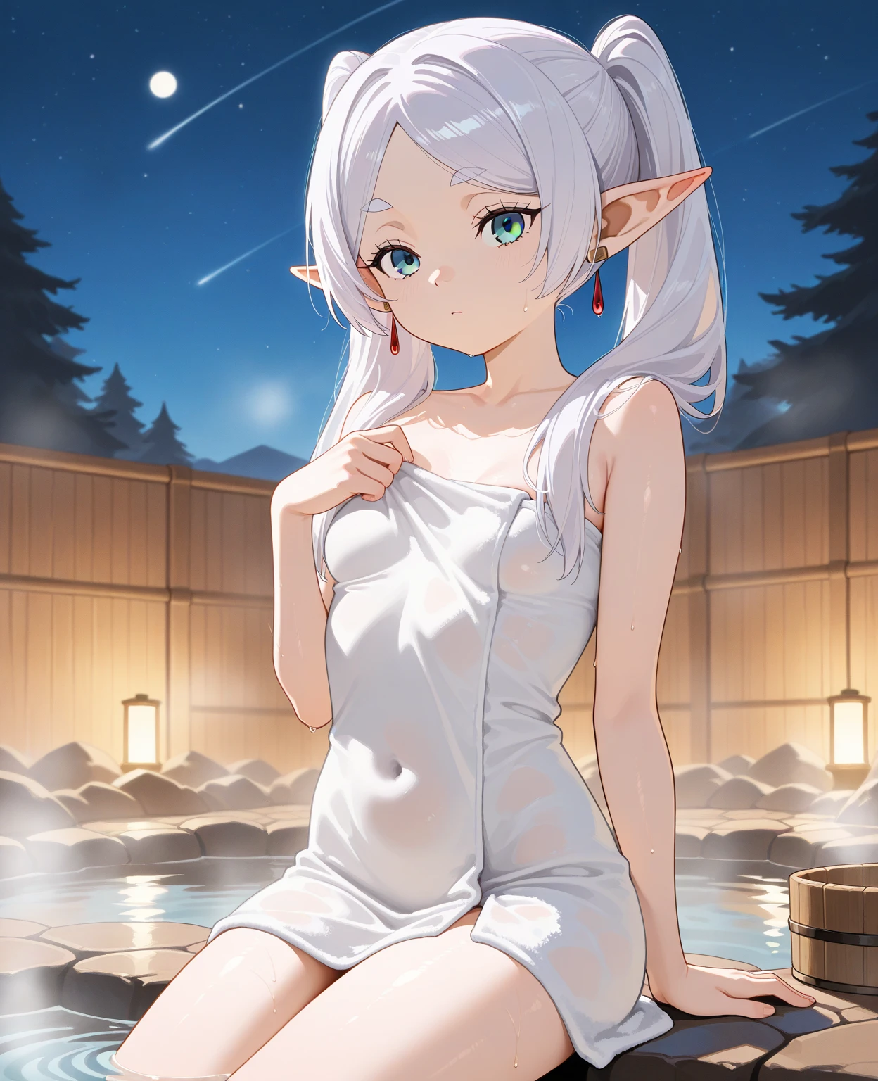 ((Top quality anime images)), ((masterpiece)), An elf woman is relaxing at the night pool,high resolution