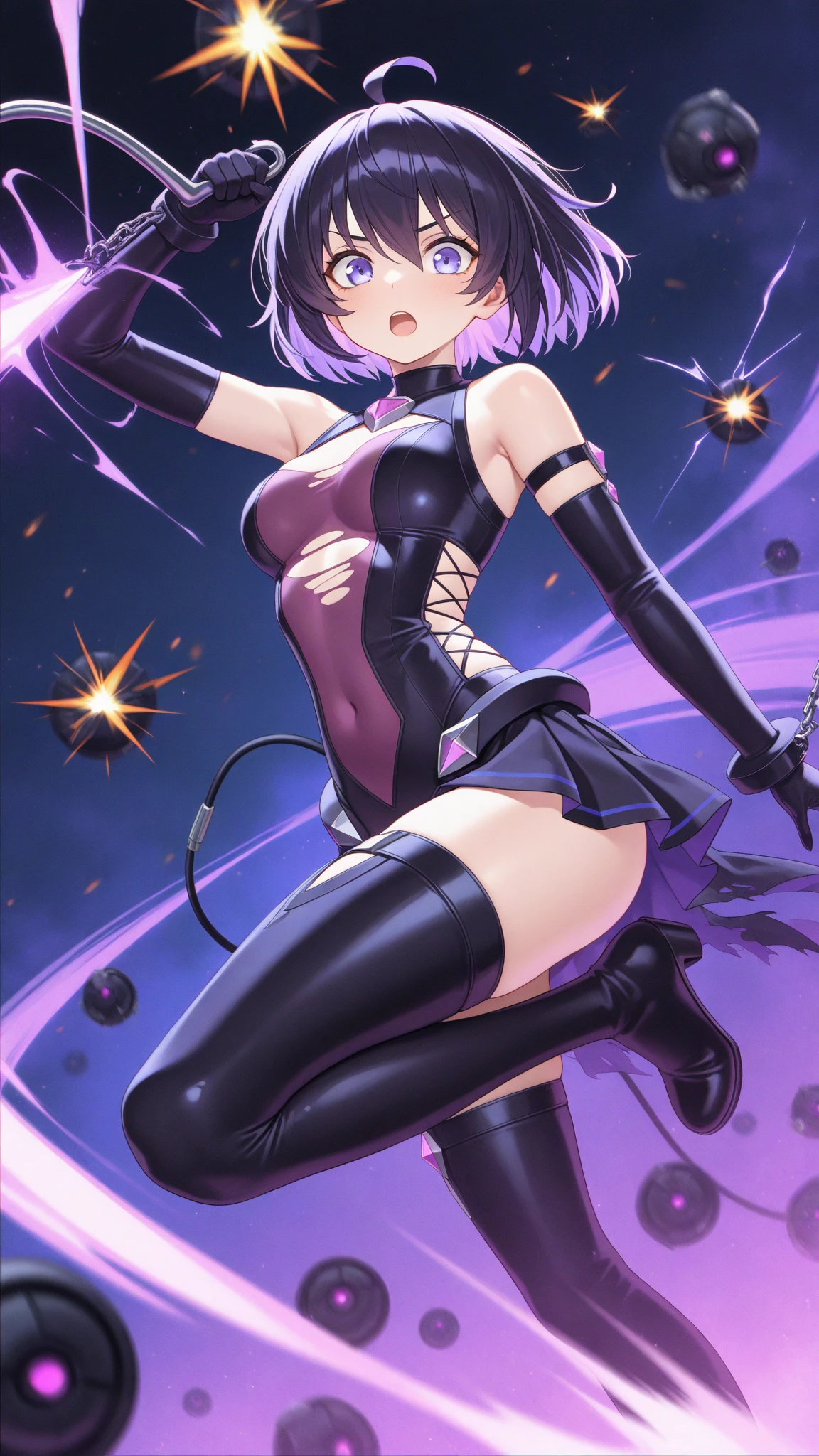 Party girl, short purple hair, hair accessories, smile, skirt, stockings, party, exposed belly, short skirt, NSFW