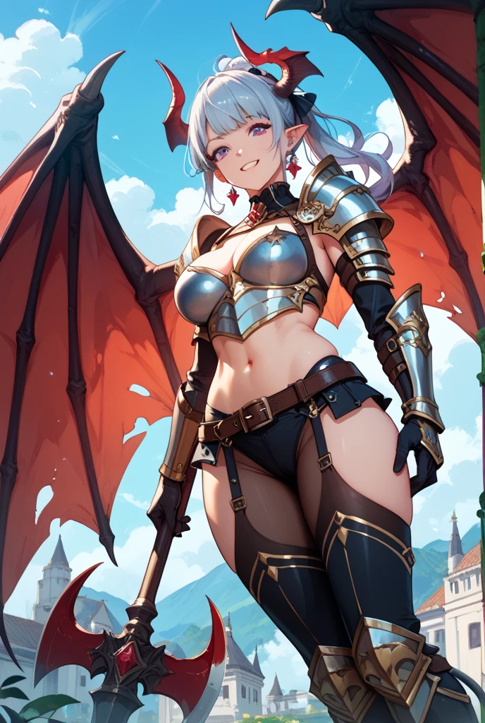 tmasterpiece，high high quality，1girll，Solo，huge tit，short detailed hair，（A half body：Above thighs），（hair between eye），（Hairstyles：Elf short hair），Devil Wings，Disappointed face，looking at viewert，