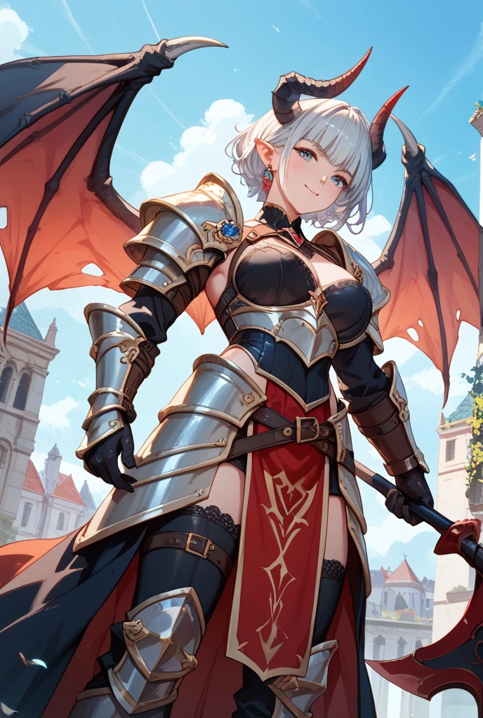 Dragon Girl,knight女孩,穿着knight铠甲的女孩,Breastplate,Skirt Armor,Arm Guard,Leggings,Bare thighs,丝绸Knee socks,Knee socks,White hair,Long hair,Single ponytail hairstyle,Dragon Horn女孩,Dragon Wings,Girl with wings,Dragon Horn,horn,巨Dragon Wings,White Wings,Dragon Tail,巨Dragon Tail,Long Tail,thick tail,Fat Tail,Smooth tail,White Tail,Scales,Scales衣服,knight,knight girl,Close-up above the waist,Upper body close-up,mature body