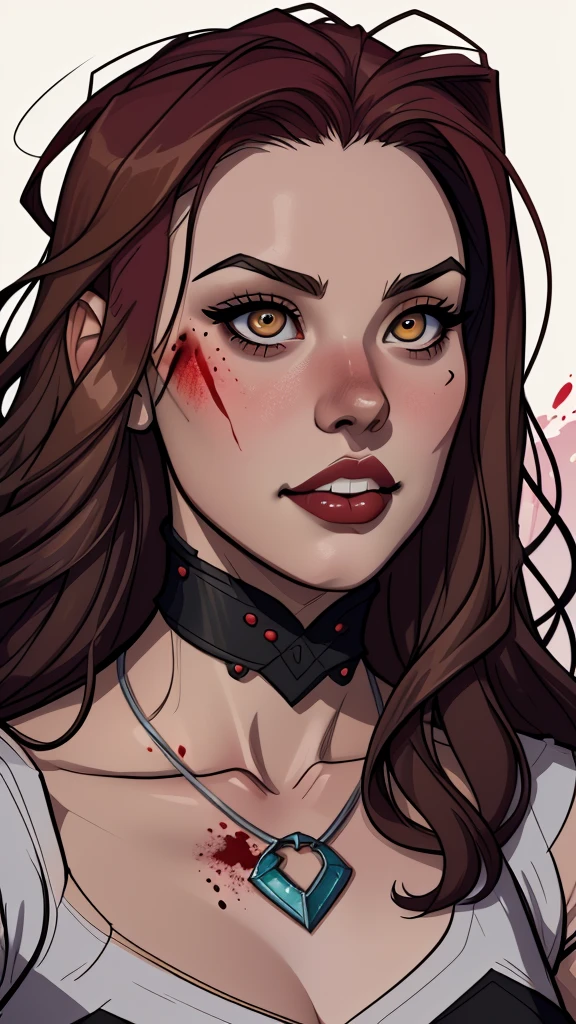 a drawing of a woman with blood on her face and a bloody collar, charlie bowater art style, arte do personagem Charlie Bowater, lois van rossdraws, Ross Draws 1. 0, female vampire, Carmilla Vampira, artgerm e rossdraws, style of charlie bowater, Vampire girl, Ross Draws 2. 0, Retrato de RossDraws, vampire portrait
