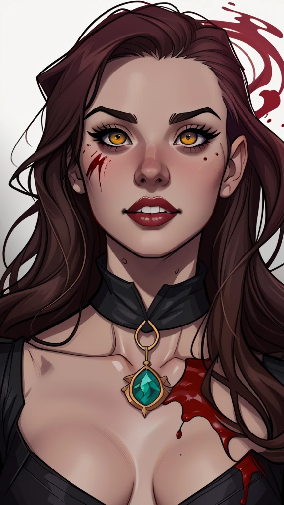 a drawing of a woman with blood on her face and a bloody collar, charlie bowater art style, arte do personagem Charlie Bowater, lois van rossdraws, Ross Draws 1. 0, female vampire, Carmilla Vampira, artgerm e rossdraws, style of charlie bowater, Vampire girl, Ross Draws 2. 0, Retrato de RossDraws, vampire portrait