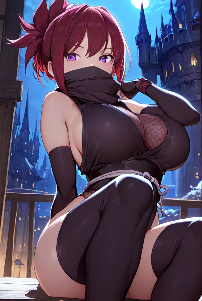 Masterpiece, best quality, nishikino maki,red hair ,purple eyes, cowboy shot , medium breasts,fishnet bodysuit, ninja girl,pink pasties, thicc thighs , castlevania style , night , elbow gloves , sweating,after fellatio , embarrassed, bored ,her body covered by sticky fluid , breasts squeeze, drooling , bouncing breasts ,in public, torn clothes 